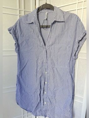 Zara Blue and White Striped Button-Down Blouse